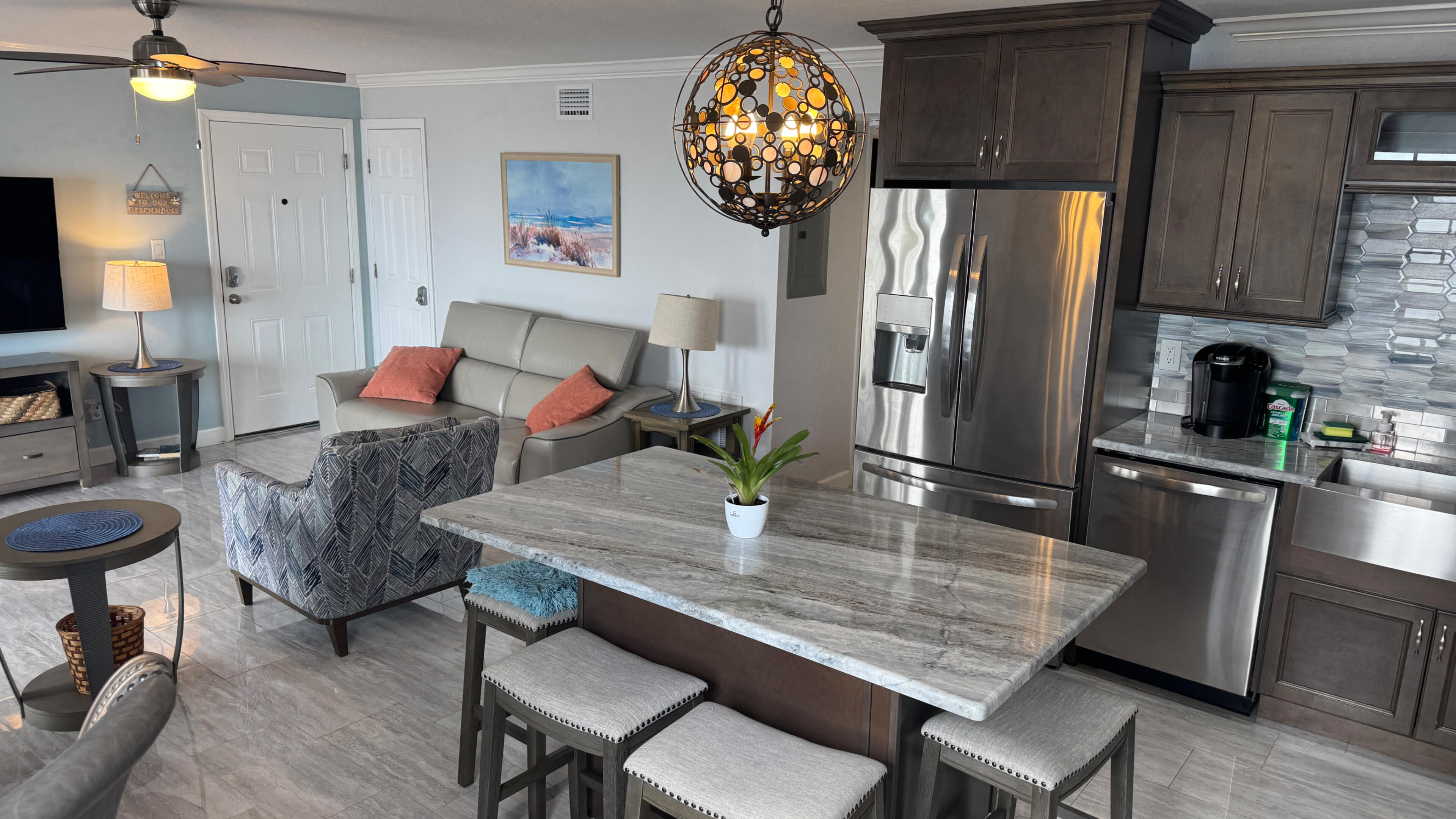 Fully equipped kitchen overlooking the bayou — perfect for extended stays